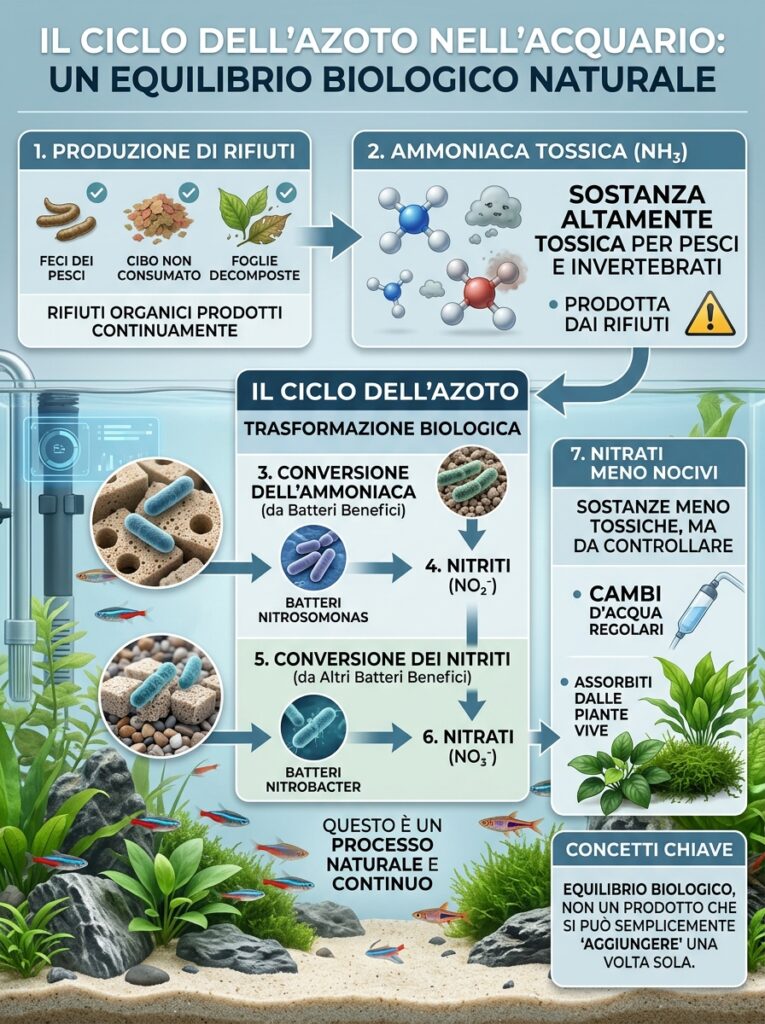 Infografica: schema ciclo dell’azoto acquario ammoniaca nitriti nitrati batteri filtrazione biologica processo completo