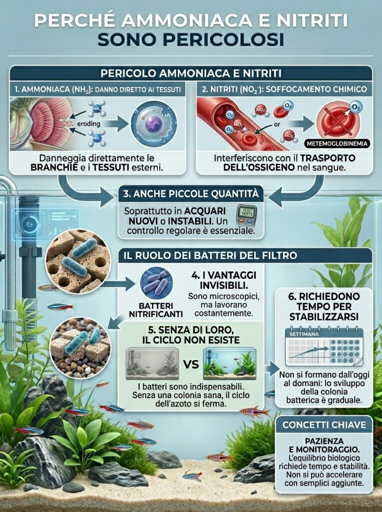 Infografica: schema trasformazione ammoniaca nitriti nitrati acquario tossicità decrescente batteri nitrificanti processo biologico