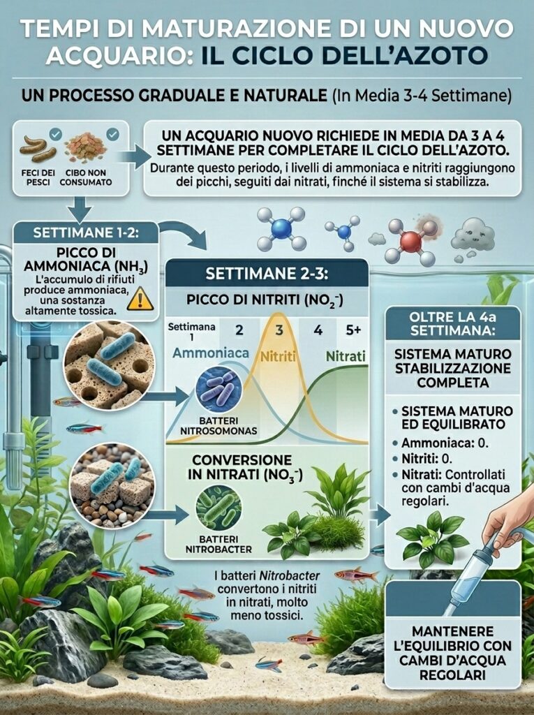 Infografica: schema maturazione acquario picco ammoniaca picco nitriti sviluppo batteri nitrificanti tempistiche ciclo azoto