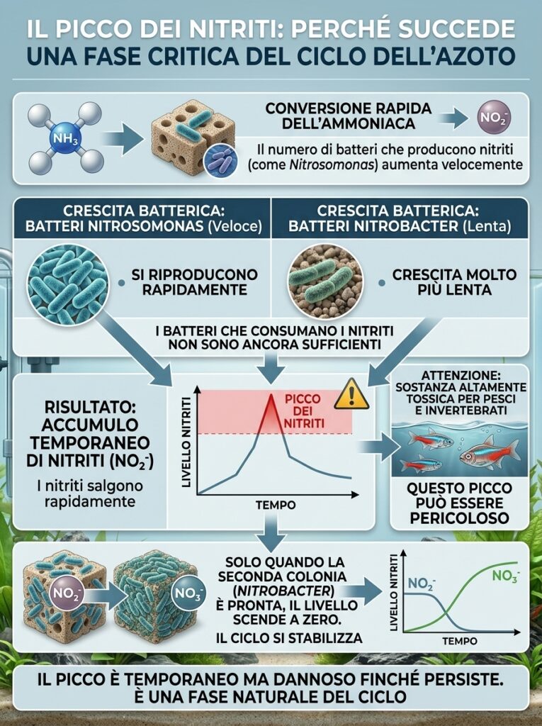 Infografica: schema picco nitriti acquario sviluppo batteri sbilanciato accumulo nitriti fase intermedia ciclo azoto