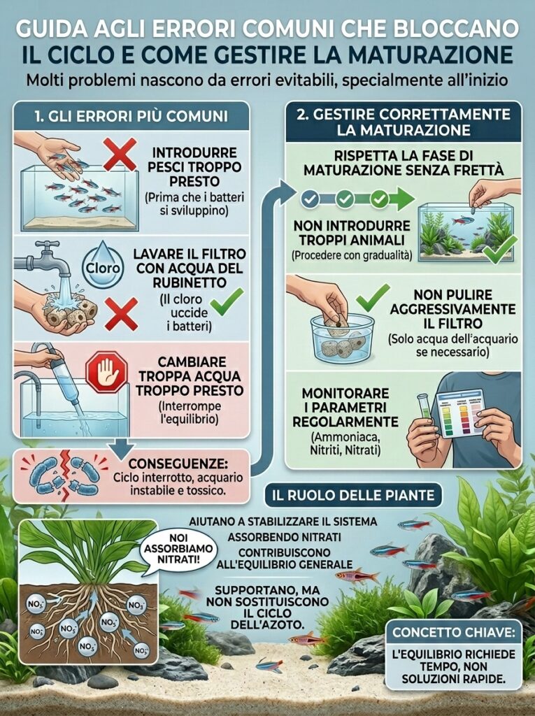 Infografica: schema gestione maturazione acquario sviluppo batteri stabilità ciclo azoto cosa fare cosa evitare