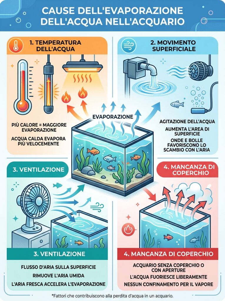 Infografica: schema evaporazione acqua acquario cause principali temperatura movimento superficie ventilazione assenza coperchio