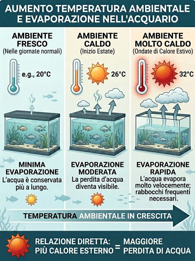 Infografica: schema aumento temperatura ambiente effetto su evaporazione acqua acquario estate caldo relazione diretta temperatura evaporazione