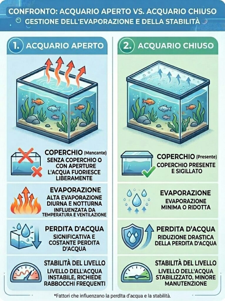 schema confronto acquario aperto vs chiuso evaporazione riduzione perdita acqua coperchio effetto stabilizzazione livello