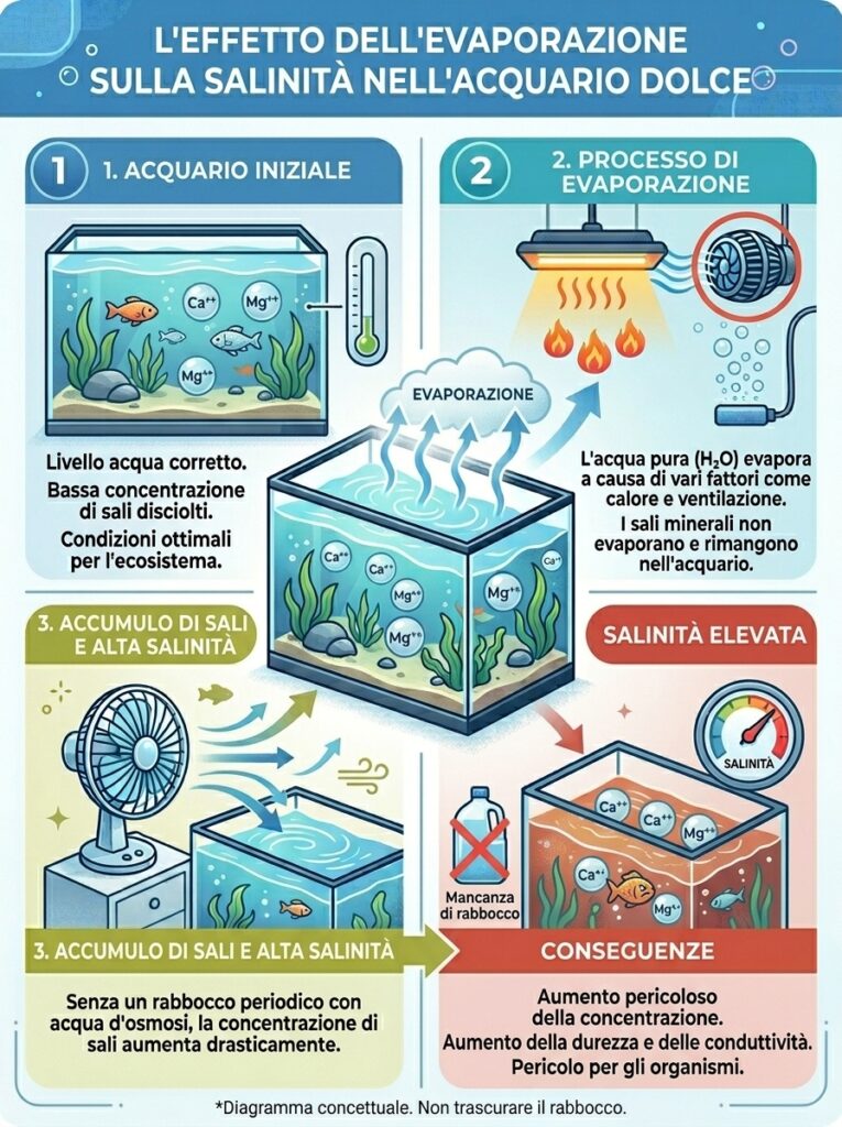 Infografica: schema evaporazione acqua aumento concentrazione sali acquario salinità crescente senza rabbocco corretto