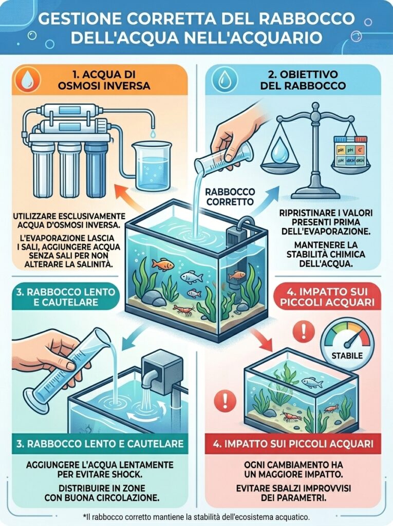 Infografica: schema gestione rabbocco acqua acquario evaporazione uso acqua compatibile mantenimento salinità stabilità chimica prevenzione shock